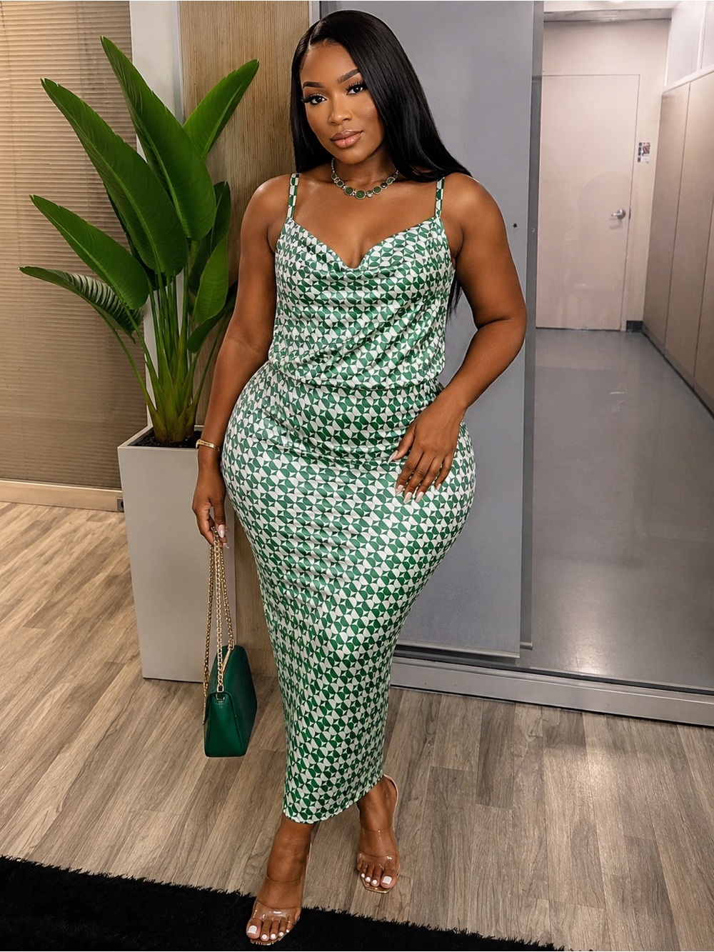 Green Geometric Print Cowl Neck Maxi Skirt
